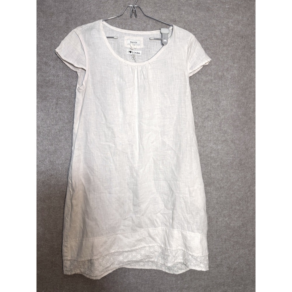 Malvin Linen Shift Dress Women Size 8 White Floral Embroidery Coastal Grandma